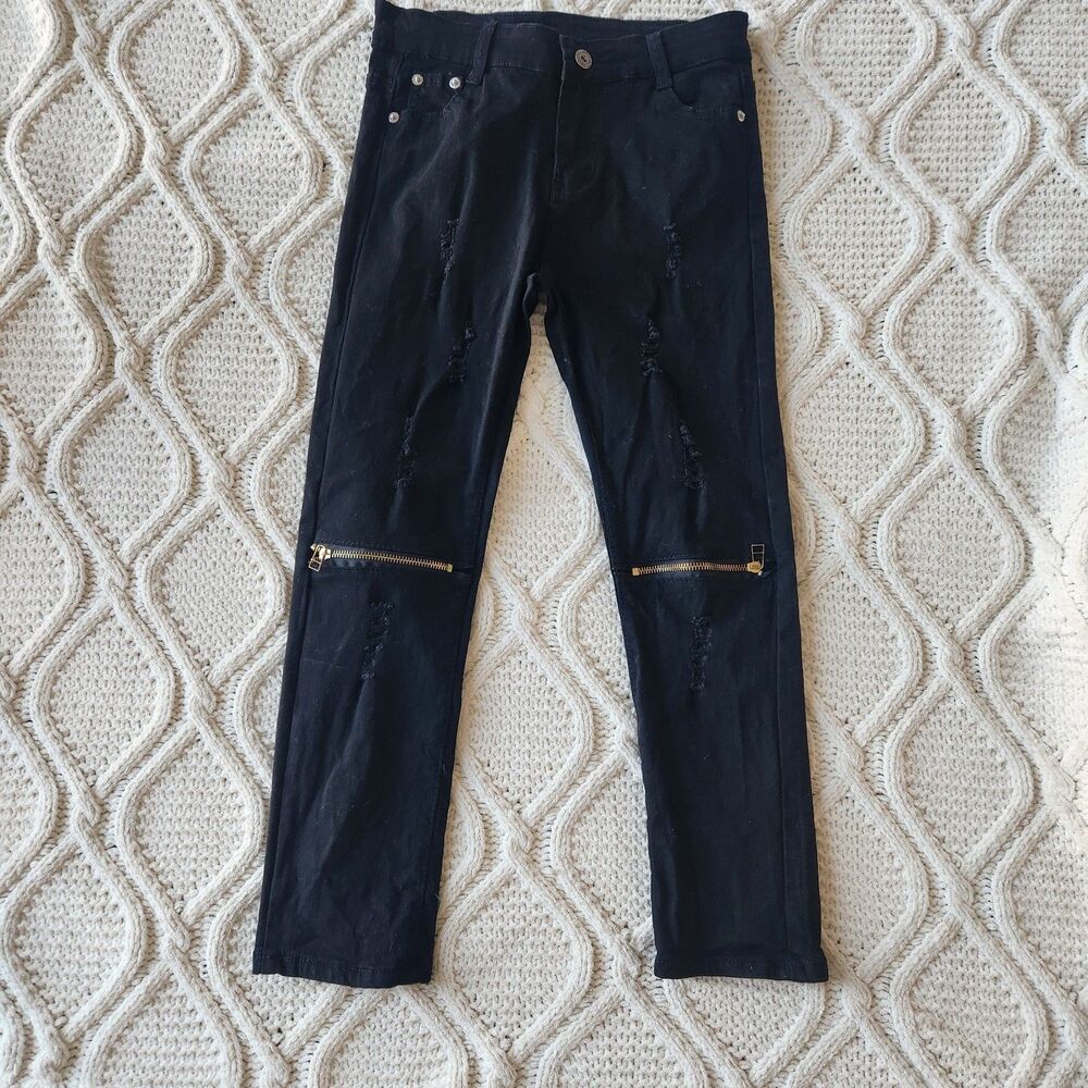 Kids Black Zipper Knee Skinny Jeans Size 10 - Fredd Marshall